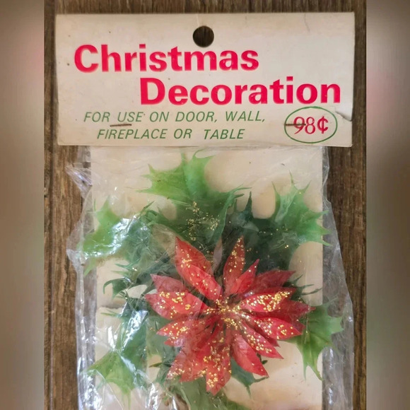 NOS Vintage Flocked Apples Poinsettia Christmas Decoration British Hong Kong - Picture 2 of 5